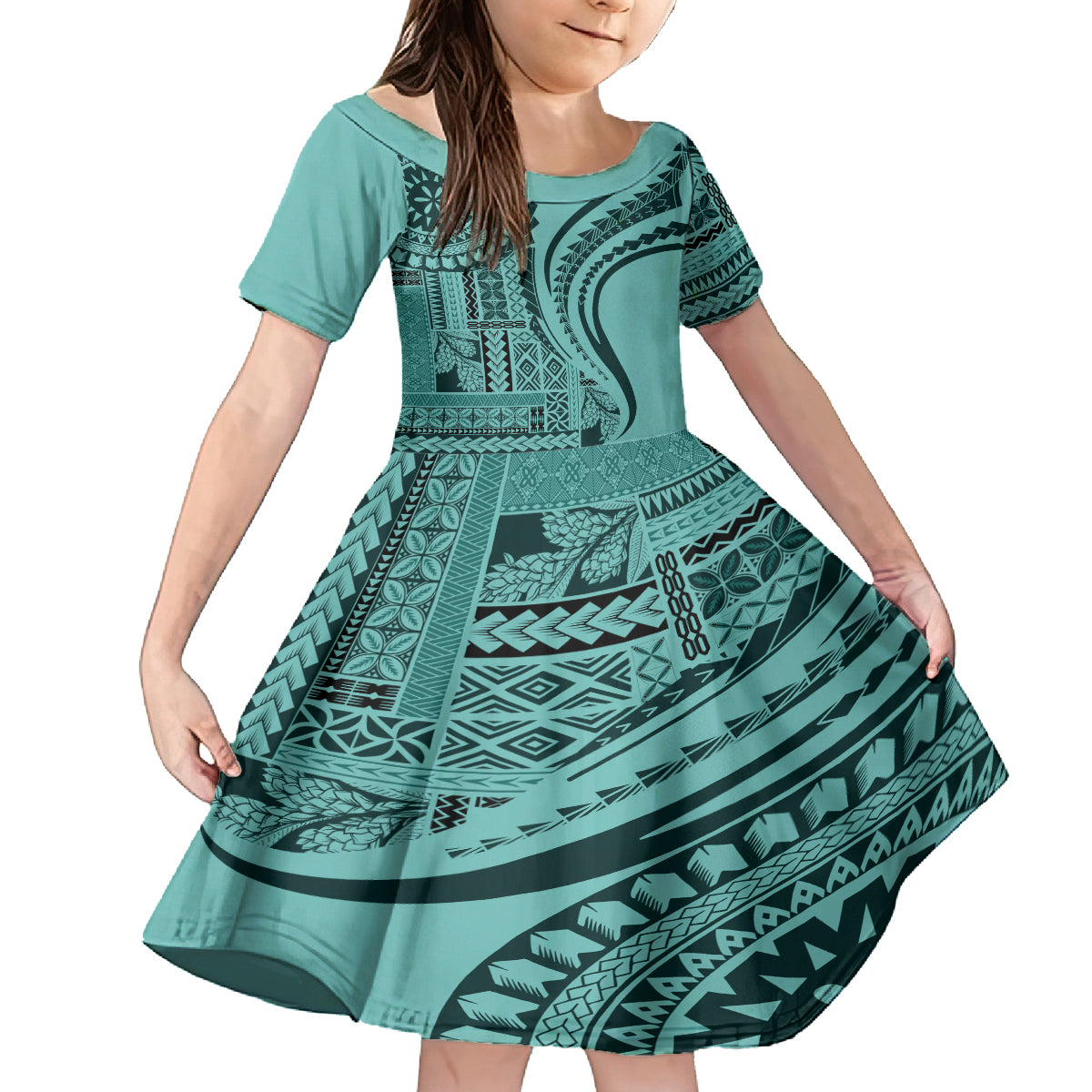 Samoa Siapo Arty Family Matching Off Shoulder Long Sleeve Dress and Hawaiian Shirt Turquoise Style LT9 Daughter's Dress Turquoise - Polynesian Pride