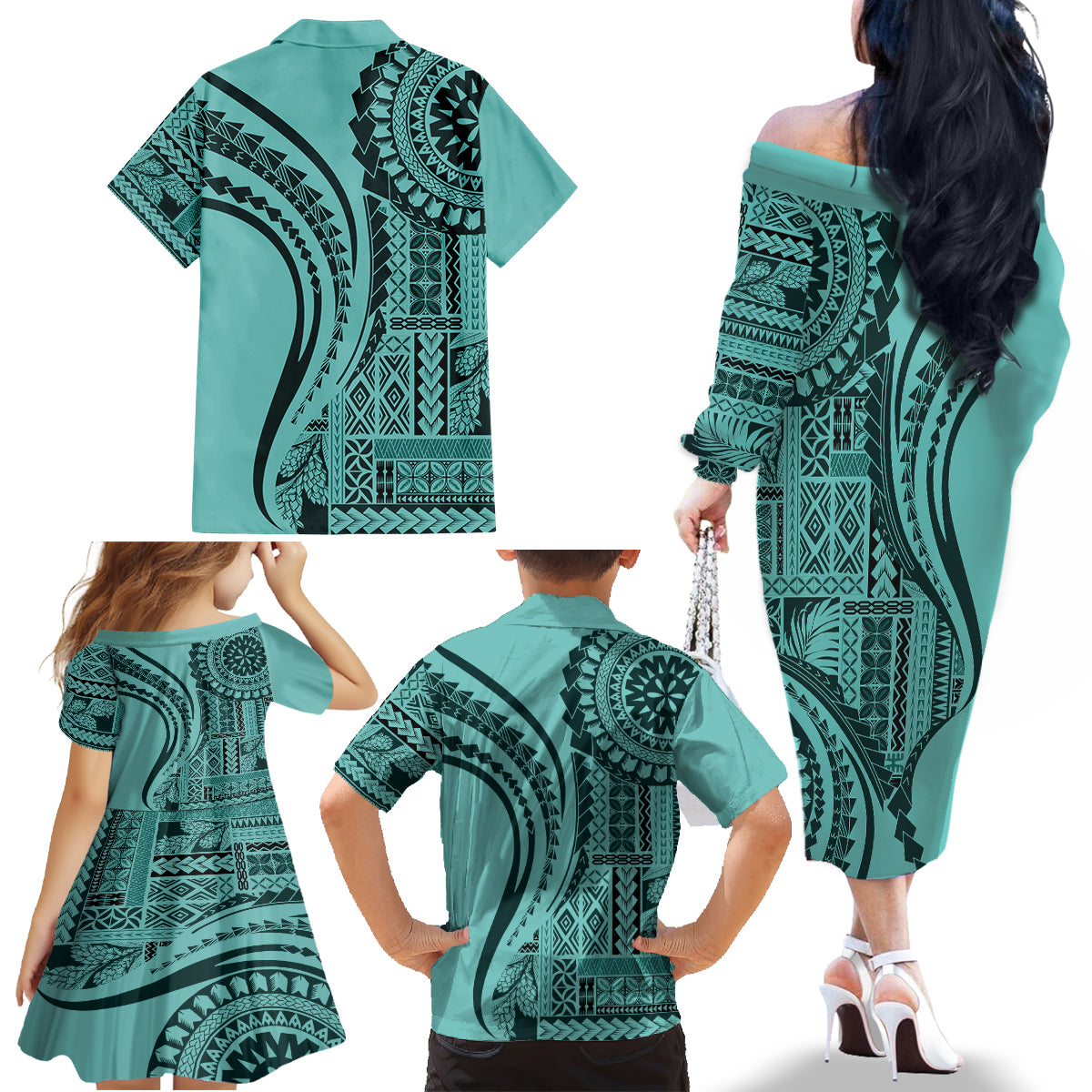 Samoa Siapo Arty Family Matching Off Shoulder Long Sleeve Dress and Hawaiian Shirt Turquoise Style LT9 - Polynesian Pride