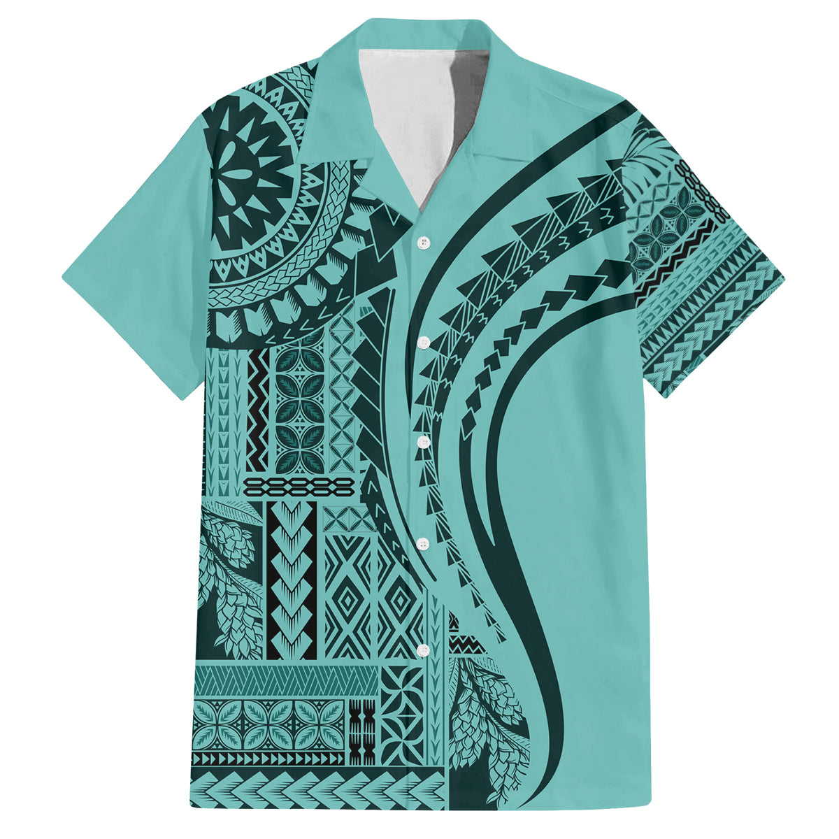 Samoa Siapo Arty Family Matching Off Shoulder Long Sleeve Dress and Hawaiian Shirt Turquoise Style LT9 Dad's Shirt - Short Sleeve Turquoise - Polynesian Pride