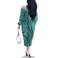 Samoa Siapo Arty Family Matching Off Shoulder Long Sleeve Dress and Hawaiian Shirt Turquoise Style LT9 - Polynesian Pride