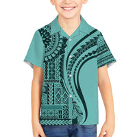 Samoa Siapo Arty Family Matching Off Shoulder Long Sleeve Dress and Hawaiian Shirt Turquoise Style LT9 Son's Shirt Turquoise - Polynesian Pride