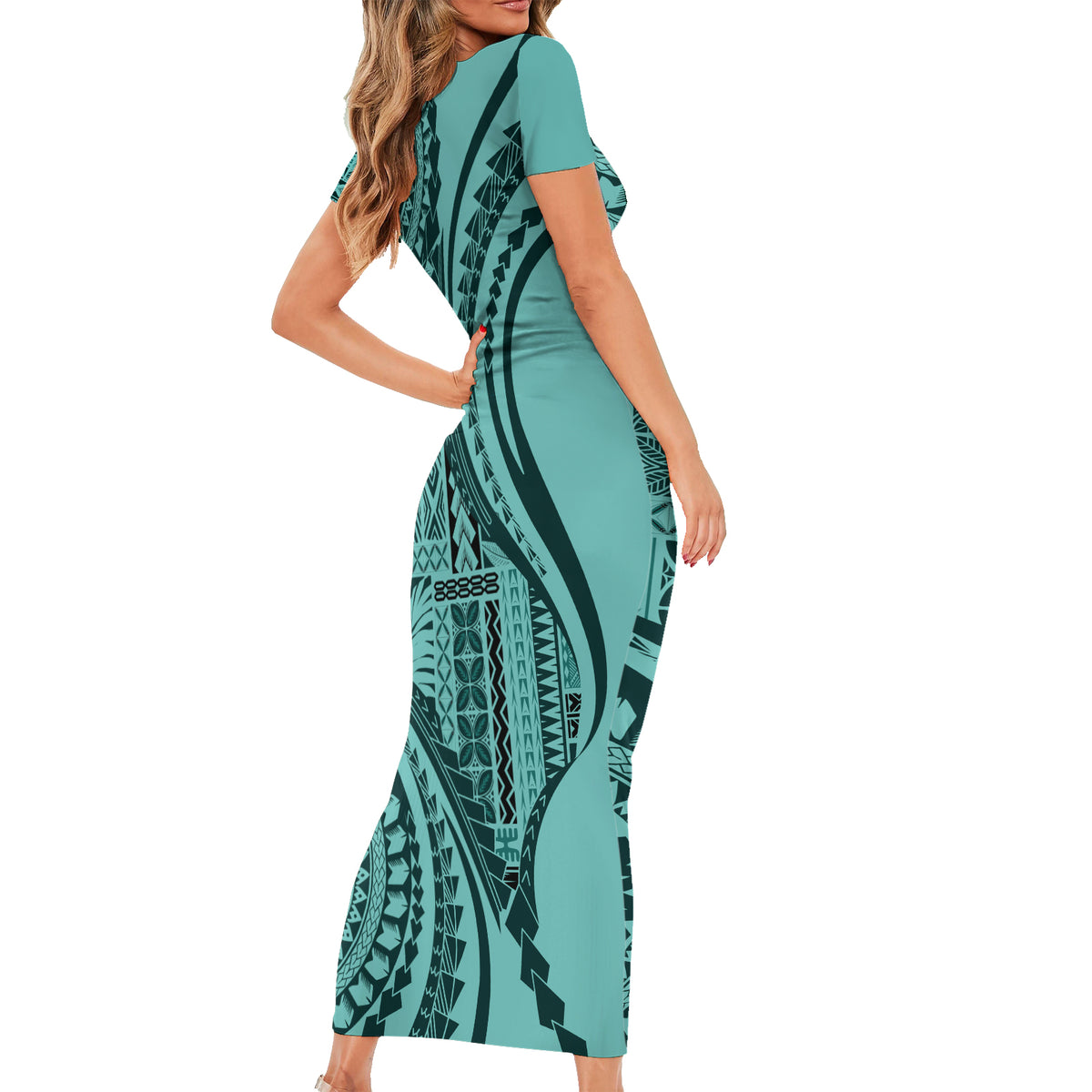 Samoa Siapo Arty Family Matching Short Sleeve Bodycon Dress and Hawaiian Shirt Turquoise Style LT9 - Polynesian Pride