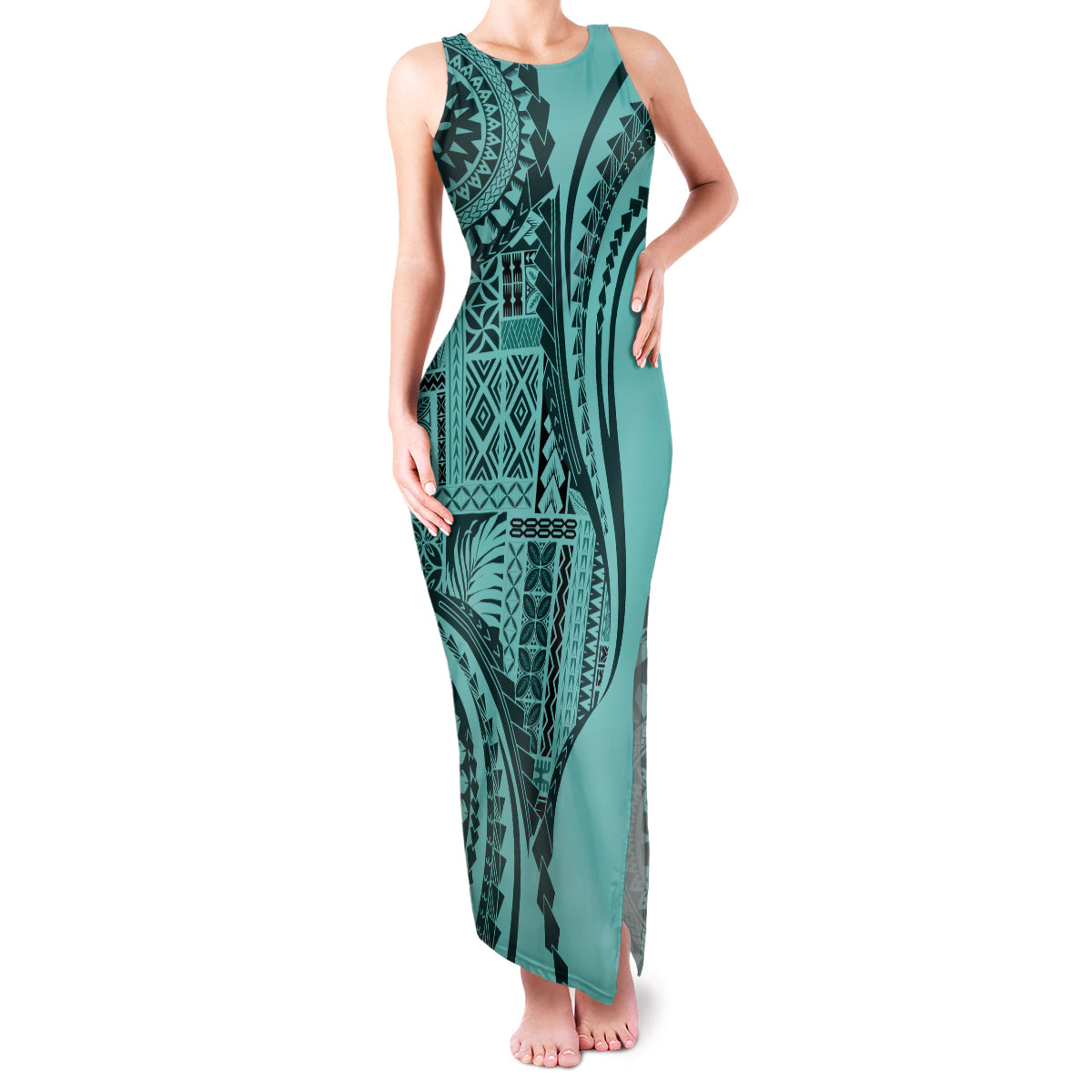 Samoa Siapo Arty Family Matching Tank Maxi Dress and Hawaiian Shirt Turquoise Style LT9 Mom's Dress Turquoise - Polynesian Pride
