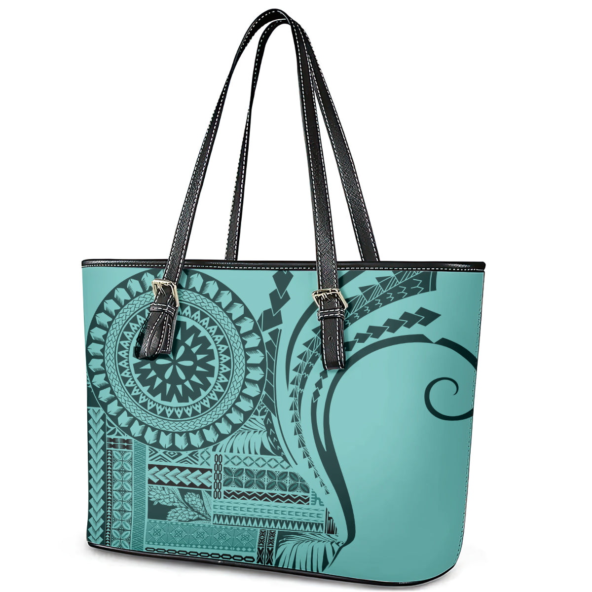 Samoa Siapo Arty Leather Tote Bag Turquoise Style LT9 - Polynesian Pride