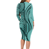 Samoa Siapo Arty Long Sleeve Bodycon Dress Turquoise Style LT9 - Polynesian Pride