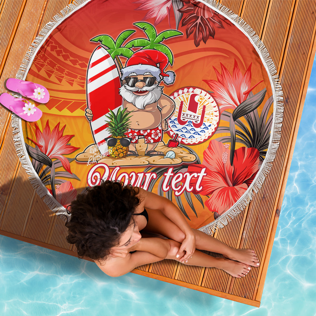 Personalised Wishes in Tahitian Christmas Beach Blanket French Polynesia Santa Beach LT9 - Polynesian Pride