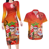 Personalised Wishes in Tahitian Christmas Couples Matching Long Sleeve Bodycon Dress and Hawaiian Shirt French Polynesia Santa Beach LT9 Red - Polynesian Pride