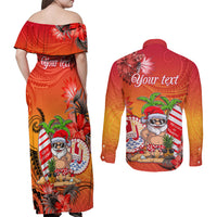 Personalised Wishes in Tahitian Christmas Couples Matching Off Shoulder Maxi Dress and Long Sleeve Button Shirt French Polynesia Santa Beach LT9 - Polynesian Pride