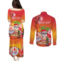 Personalised Wishes in Tahitian Christmas Couples Matching Puletasi Dress and Long Sleeve Button Shirt French Polynesia Santa Beach LT9 - Polynesian Pride