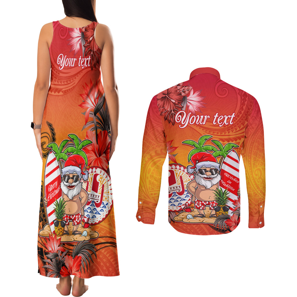 Personalised Wishes in Tahitian Christmas Couples Matching Tank Maxi Dress and Long Sleeve Button Shirt French Polynesia Santa Beach LT9 - Polynesian Pride