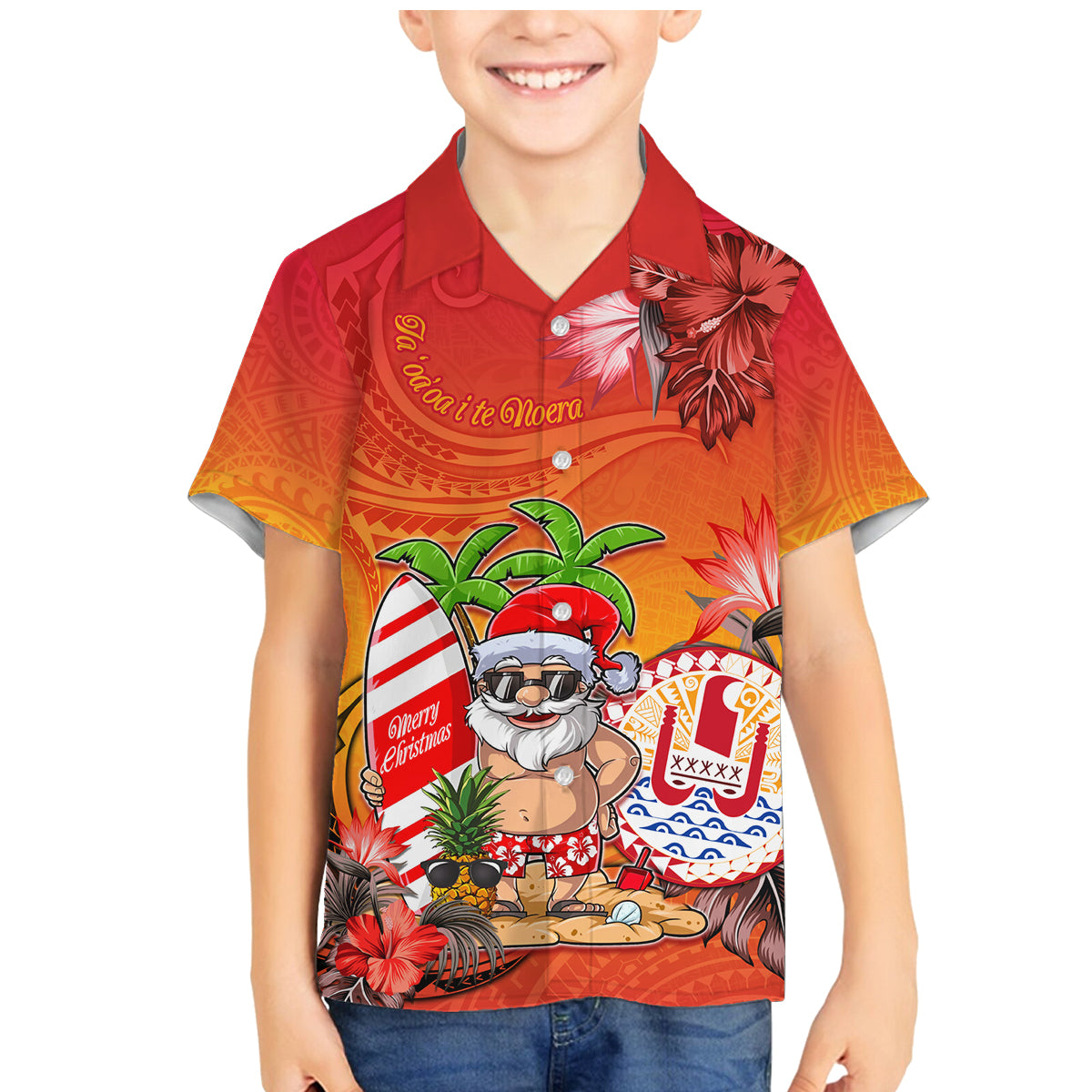 Personalised Wishes in Tahitian Christmas Family Matching Mermaid Dress and Hawaiian Shirt French Polynesia Santa Beach LT9 Son's Shirt Red - Polynesian Pride