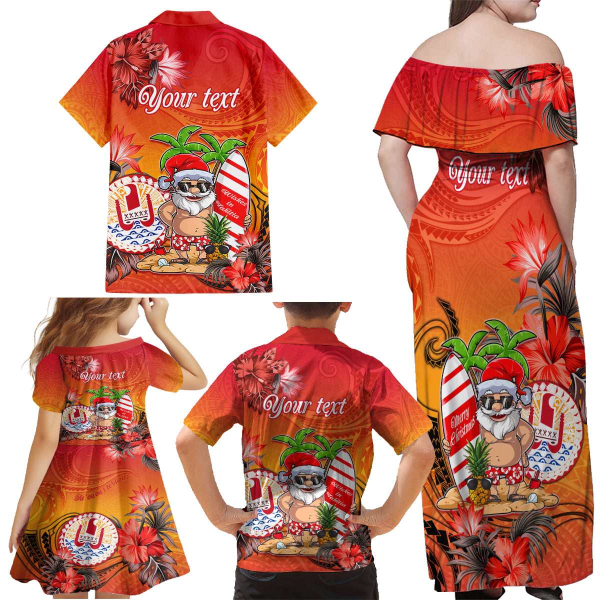 Personalised Wishes in Tahitian Christmas Family Matching Off Shoulder Maxi Dress and Hawaiian Shirt French Polynesia Santa Beach LT9 - Polynesian Pride