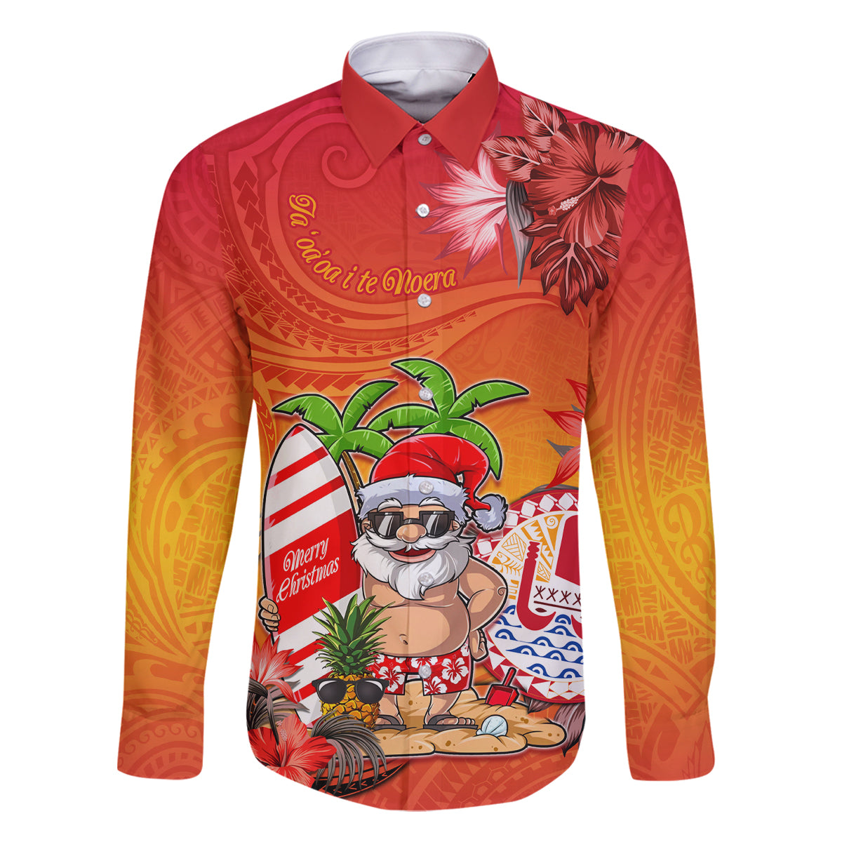 Personalised Wishes in Tahitian Christmas Family Matching Off Shoulder Maxi Dress and Hawaiian Shirt French Polynesia Santa Beach LT9 Dad's Shirt - Long Sleeve Red - Polynesian Pride