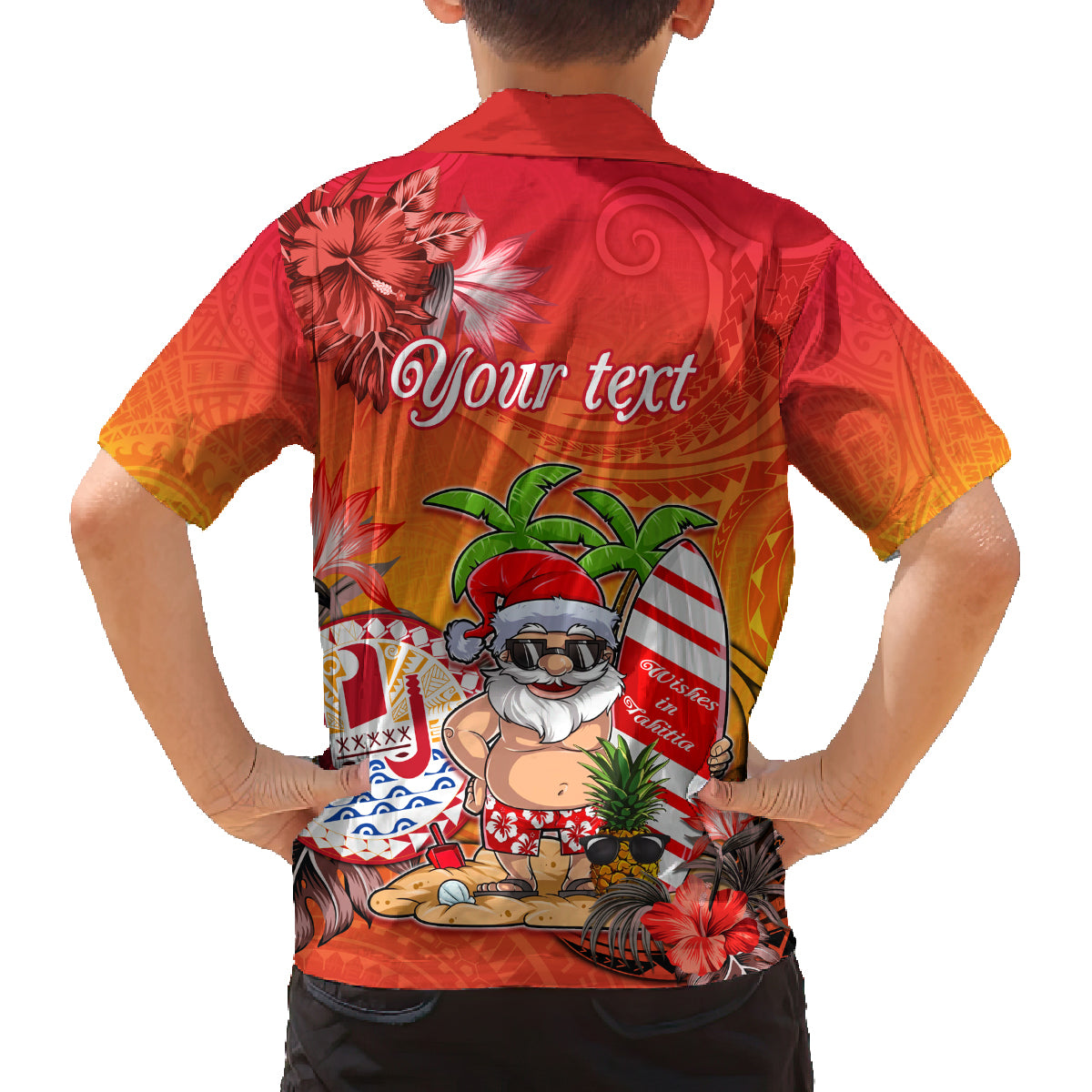 Personalised Wishes in Tahitian Christmas Family Matching Puletasi Dress and Hawaiian Shirt French Polynesia Santa Beach LT9 - Polynesian Pride