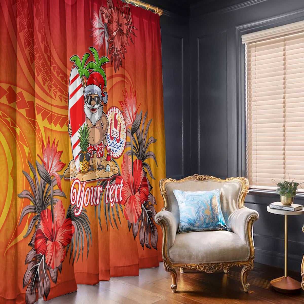Personalised Wishes in Tahitian Christmas Window Curtain French Polynesia Santa Beach LT9 - Polynesian Pride