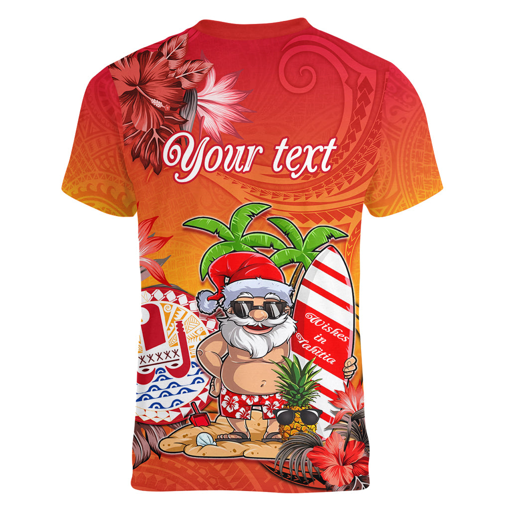 Personalised Wishes in Tahitian Christmas Women V Neck T Shirt French Polynesia Santa Beach LT9 - Polynesian Pride