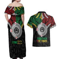 Aotearoa and Cook Islands Mo Te Tiriti Couples Matching Off Shoulder Maxi Dress and Hawaiian Shirt New Zealand Honour The Treaty Ake!Ake!Ake!