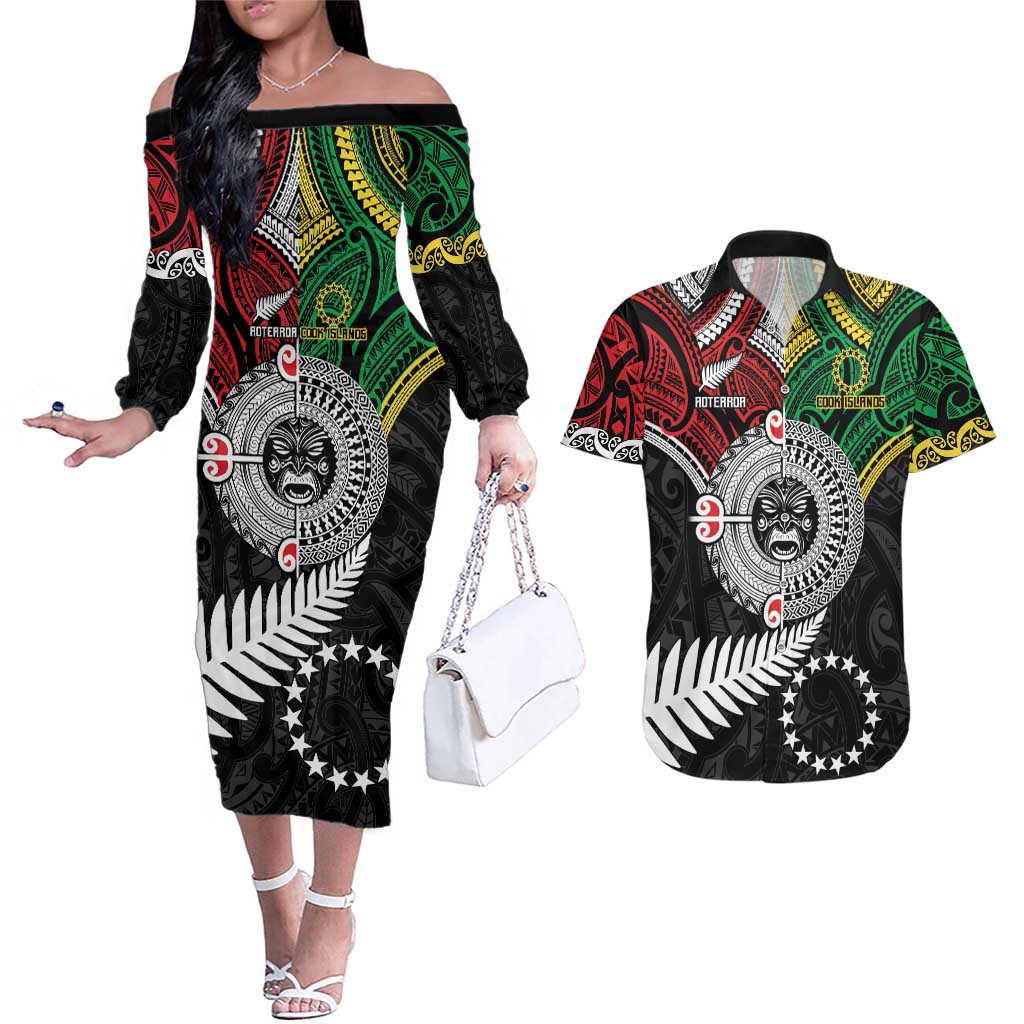 Aotearoa and Cook Islands Mo Te Tiriti Couples Matching Off The Shoulder Long Sleeve Dress and Hawaiian Shirt New Zealand Honour The Treaty Ake!Ake!Ake!