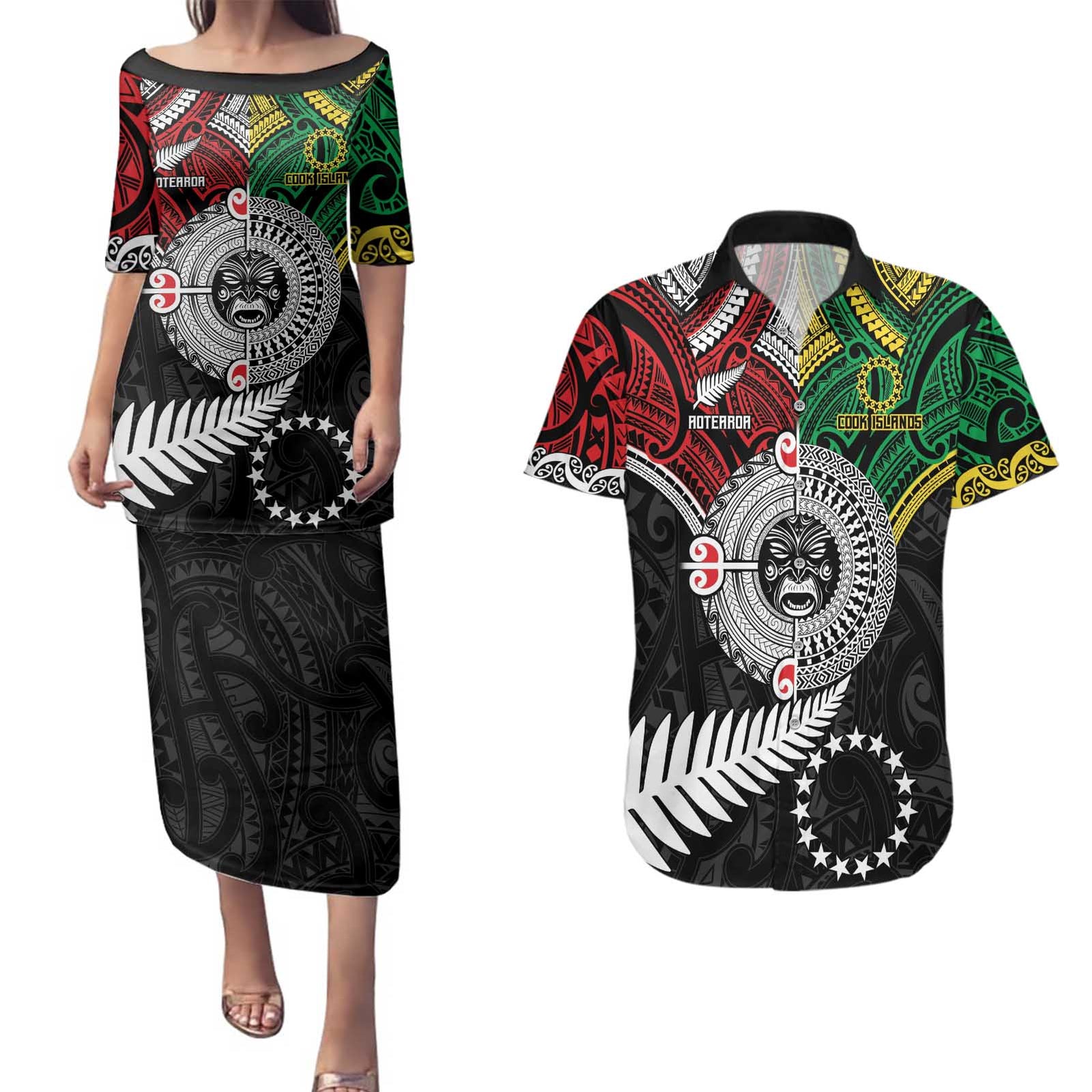 Aotearoa and Cook Islands Mo Te Tiriti Couples Matching Puletasi and Hawaiian Shirt New Zealand Honour The Treaty Ake!Ake!Ake!