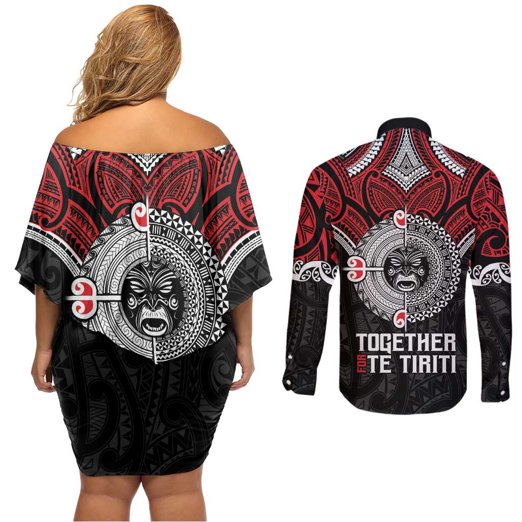 Aotearoa and Tonga Mo Te Tiriti Couples Matching Off Shoulder Short Dress and Long Sleeve Button Shirt New Zealand Honour The Treaty Ake!Ake!Ake!