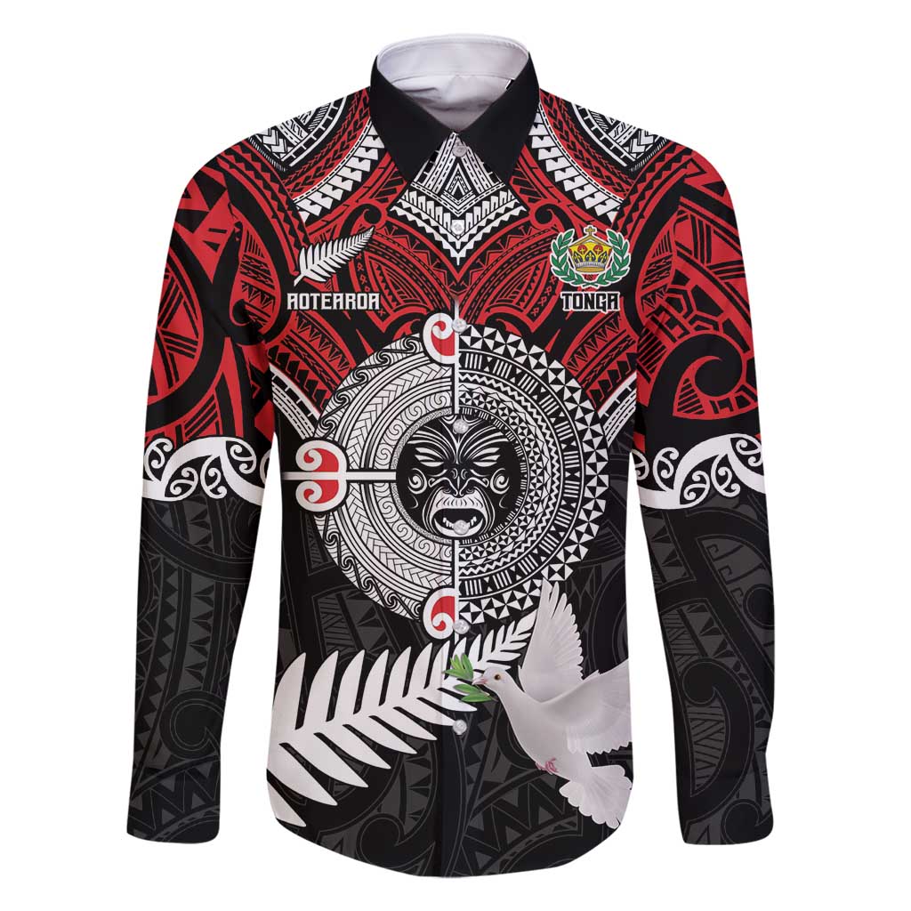 Aotearoa and Tonga Mo Te Tiriti Family Matching Long Sleeve Bodycon Dress and Hawaiian Shirt New Zealand Honour The Treaty Ake!Ake!Ake! LT9 Dad's Shirt - Long Sleeve Red - Polynesian Pride