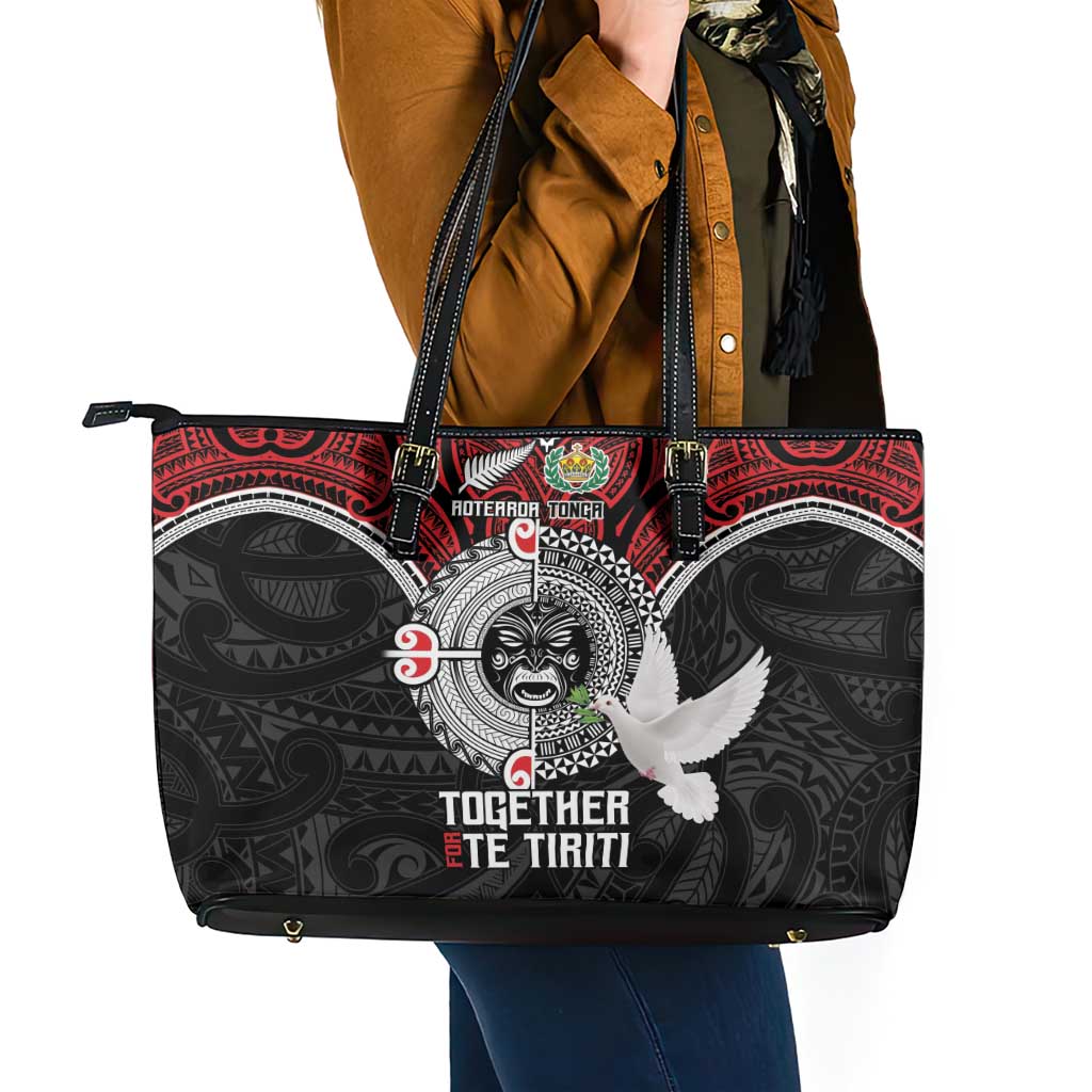 Aotearoa and Tonga Mo Te Tiriti Leather Tote Bag New Zealand Honour The Treaty Ake!Ake!Ake! LT9 - Polynesian Pride