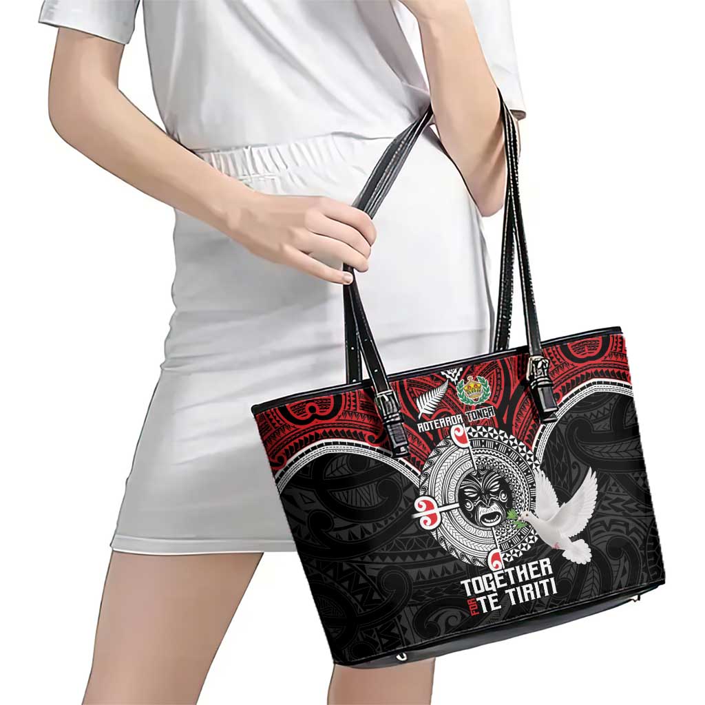 Aotearoa and Tonga Mo Te Tiriti Leather Tote Bag New Zealand Honour The Treaty Ake!Ake!Ake! LT9 - Polynesian Pride