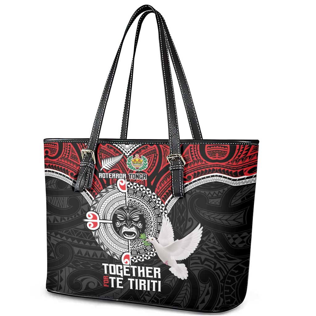 Aotearoa and Tonga Mo Te Tiriti Leather Tote Bag New Zealand Honour The Treaty Ake!Ake!Ake! LT9 - Polynesian Pride