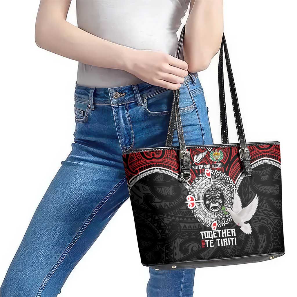 Aotearoa and Tonga Mo Te Tiriti Leather Tote Bag New Zealand Honour The Treaty Ake!Ake!Ake! LT9 - Polynesian Pride