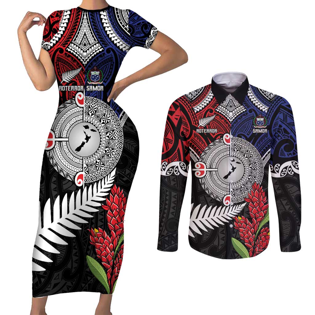 Aotearoa and Samoa Mo Te Tiriti Couples Matching Short Sleeve Bodycon Dress and Long Sleeve Button Shirt Tangata Moana Stand with Tangata Whenua