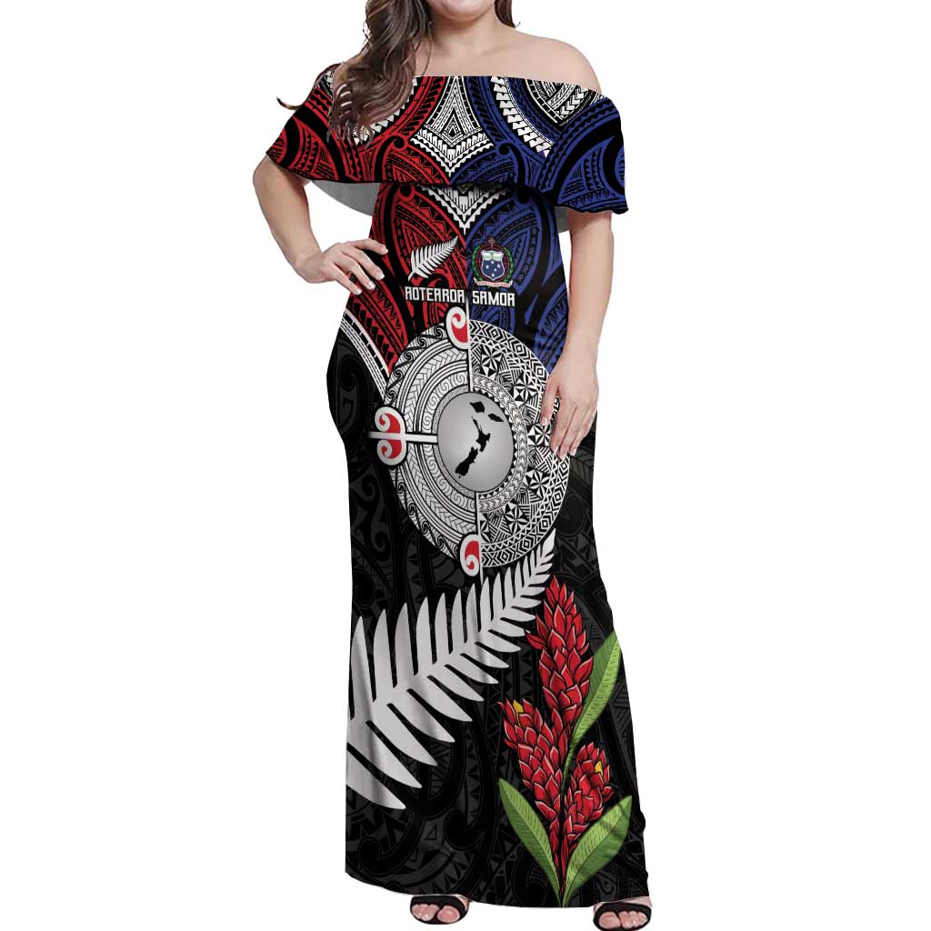 Aotearoa and Samoa Mo Te Tiriti Off Shoulder Maxi Dress Tangata Moana Stand with Tangata Whenua LT9 Women Blue - Polynesian Pride