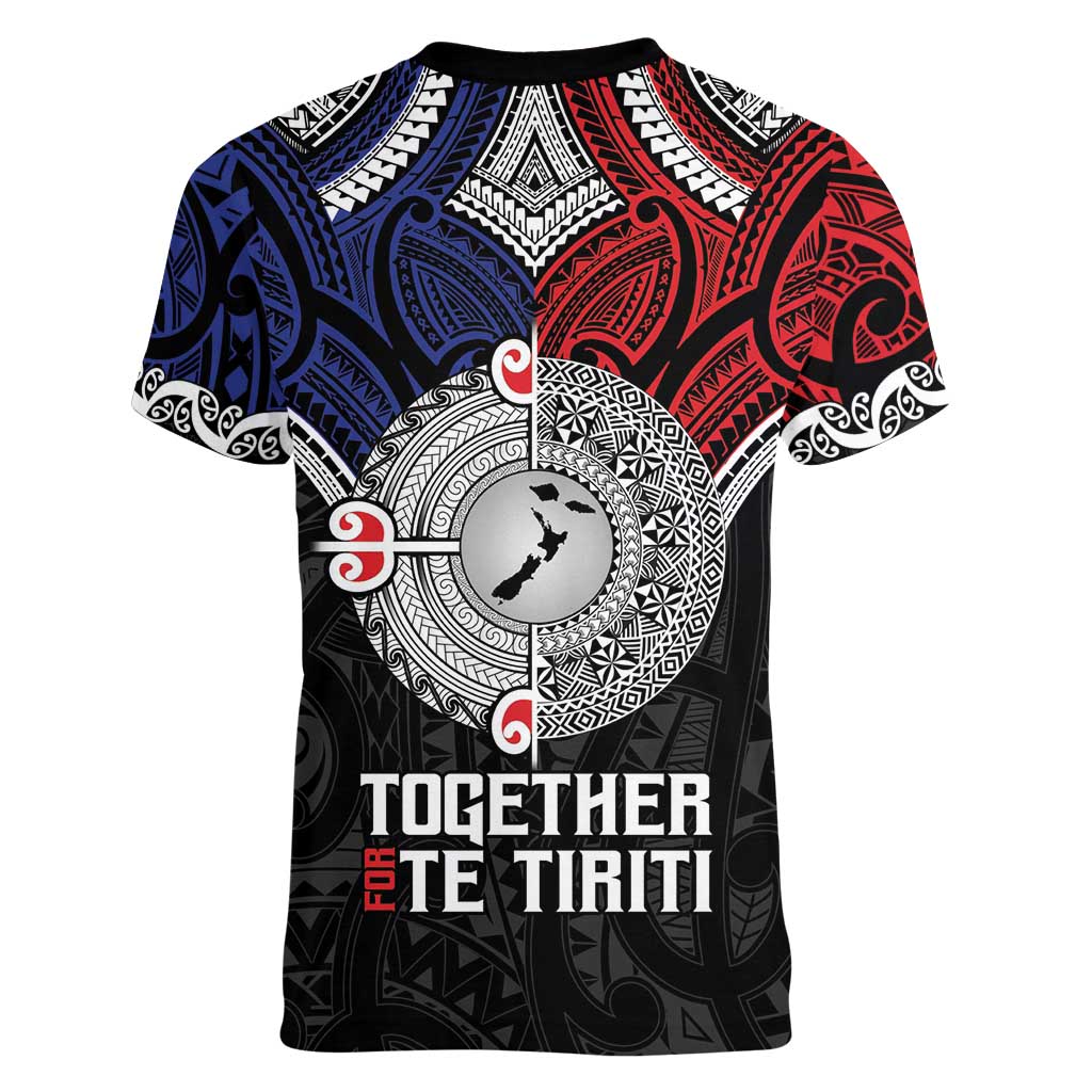 Aotearoa and Samoa Mo Te Tiriti Women V-Neck T-Shirt Tangata Moana Stand with Tangata Whenua