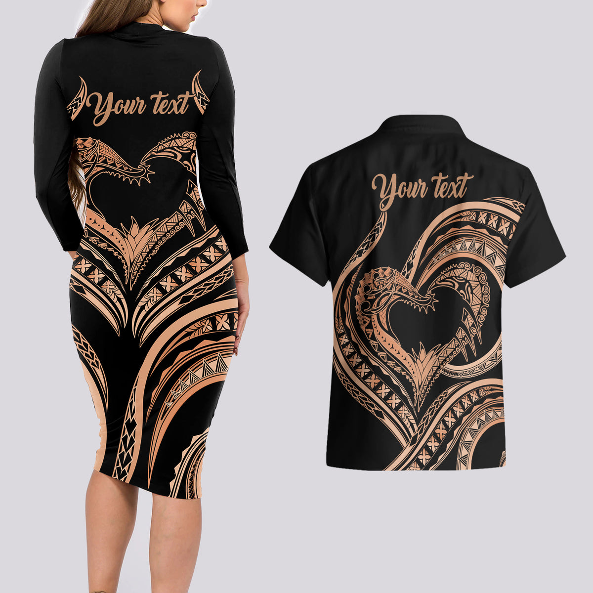 Personalised Valentines Day Romantic Lovers Couples Matching Long Sleeve Bodycon Dress and Hawaiian Shirt LT9 - Polynesian Pride