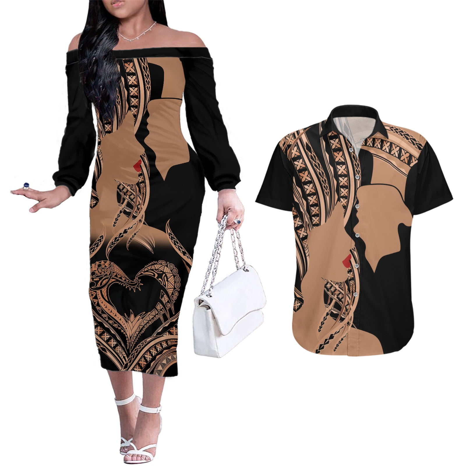 Personalised Valentines Day Romantic Lovers Couples Matching Off The Shoulder Long Sleeve Dress and Hawaiian Shirt LT9 Gold - Polynesian Pride