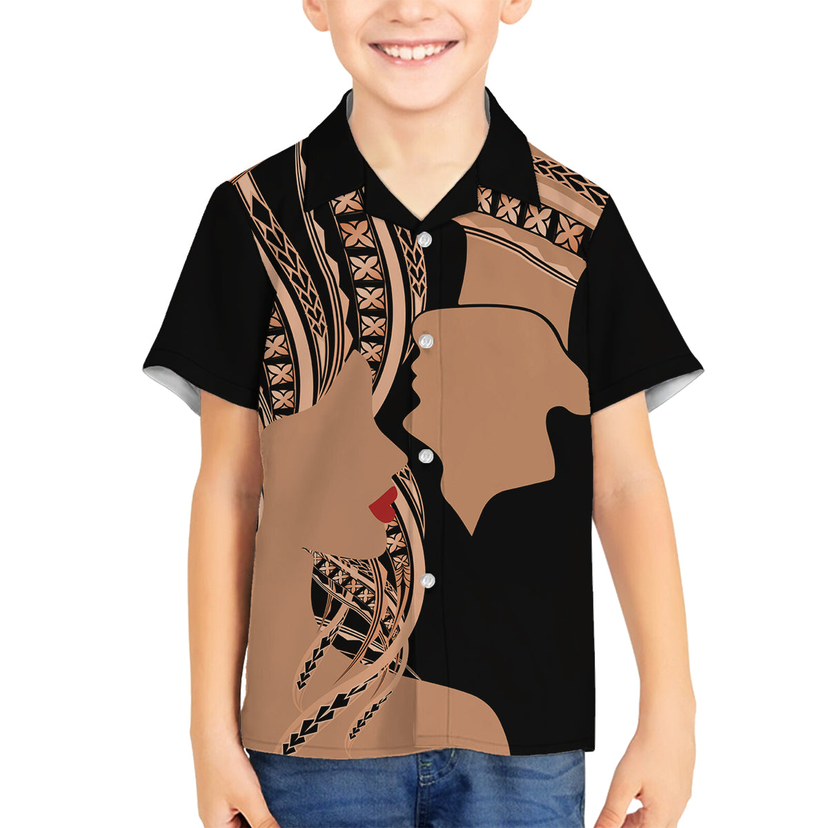 Personalised Valentines Day Romantic Lovers Family Matching Off Shoulder Short Dress and Hawaiian Shirt LT9 Son's Shirt Gold - Polynesian Pride