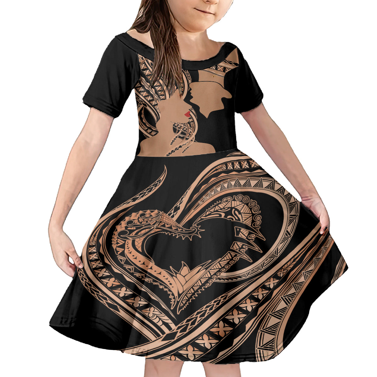 Personalised Valentines Day Romantic Lovers Family Matching Tank Maxi Dress and Hawaiian Shirt LT9 Daughter's Dress Gold - Polynesian Pride