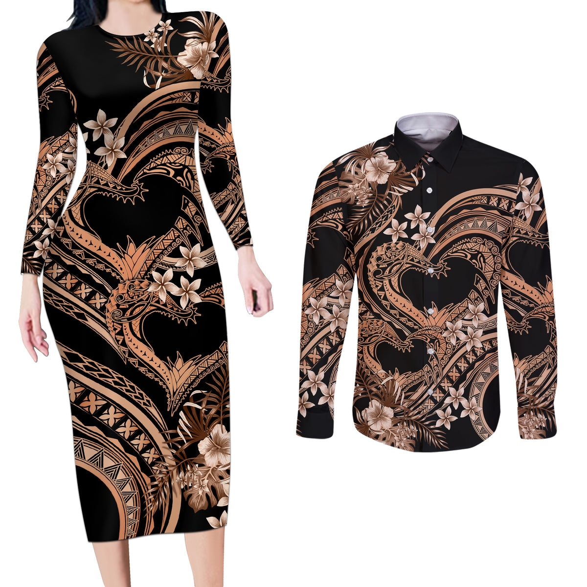 Polynesia Valentines Day Forever In My Heart Tattoo Couples Matching Long Sleeve Bodycon Dress and Long Sleeve Button Shirt Gold Style LT9 Gold - Polynesian Pride