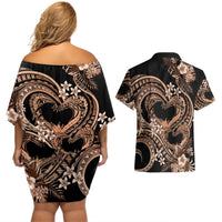 Polynesia Valentines Day Forever In My Heart Tattoo Couples Matching Off Shoulder Short Dress and Hawaiian Shirt Gold Style LT9 - Polynesian Pride