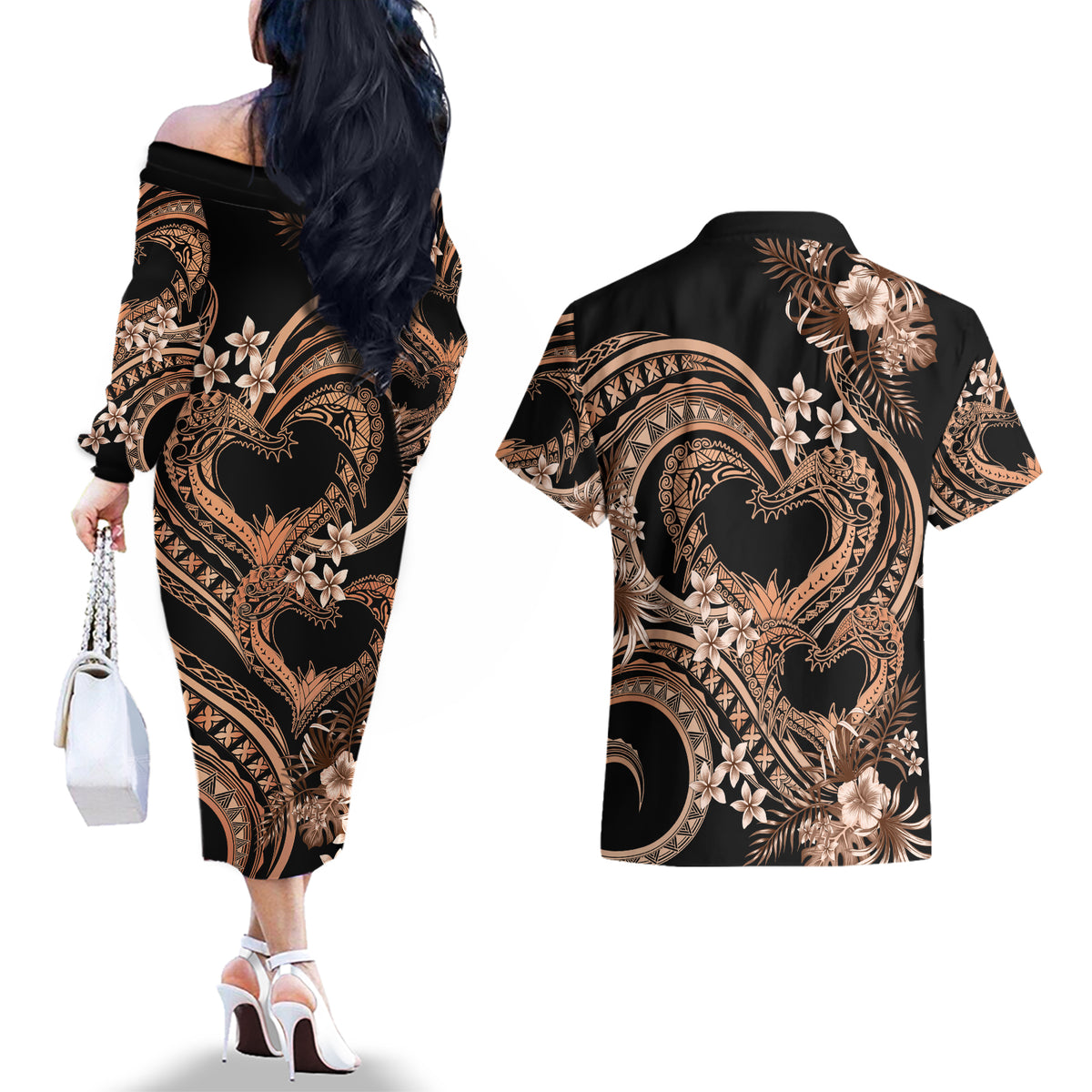 Polynesia Valentines Day Forever In My Heart Tattoo Couples Matching Off The Shoulder Long Sleeve Dress and Hawaiian Shirt Gold Style LT9 - Polynesian Pride