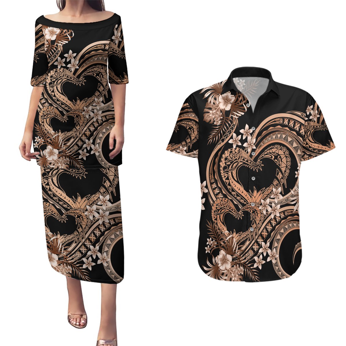 Polynesia Valentines Day Forever In My Heart Tattoo Couples Matching Puletasi and Hawaiian Shirt Gold Style LT9 Gold - Polynesian Pride