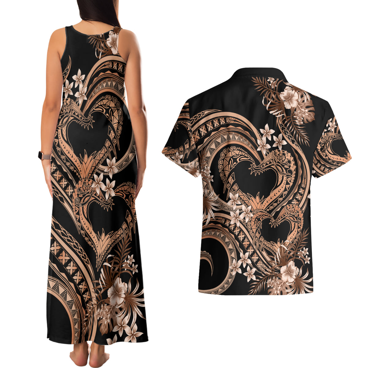Polynesia Valentines Day Forever In My Heart Tattoo Couples Matching Tank Maxi Dress and Hawaiian Shirt Gold Style LT9 - Polynesian Pride
