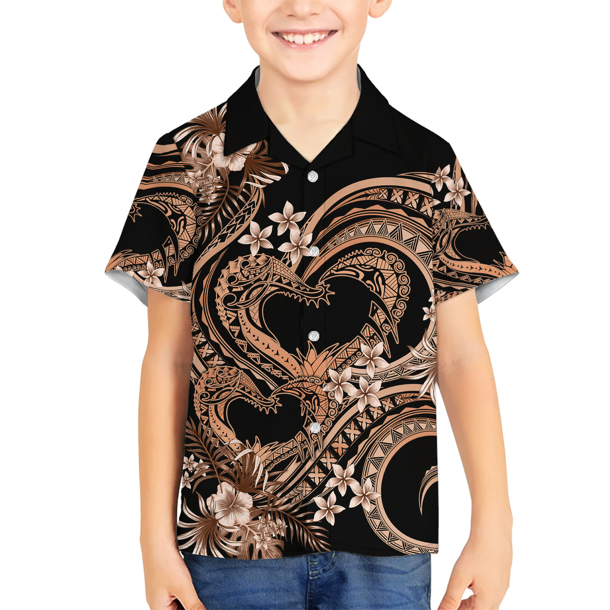 Polynesia Valentines Day Forever In My Heart Tattoo Family Matching Short Sleeve Bodycon Dress and Hawaiian Shirt Gold Style LT9 Son's Shirt Gold - Polynesian Pride
