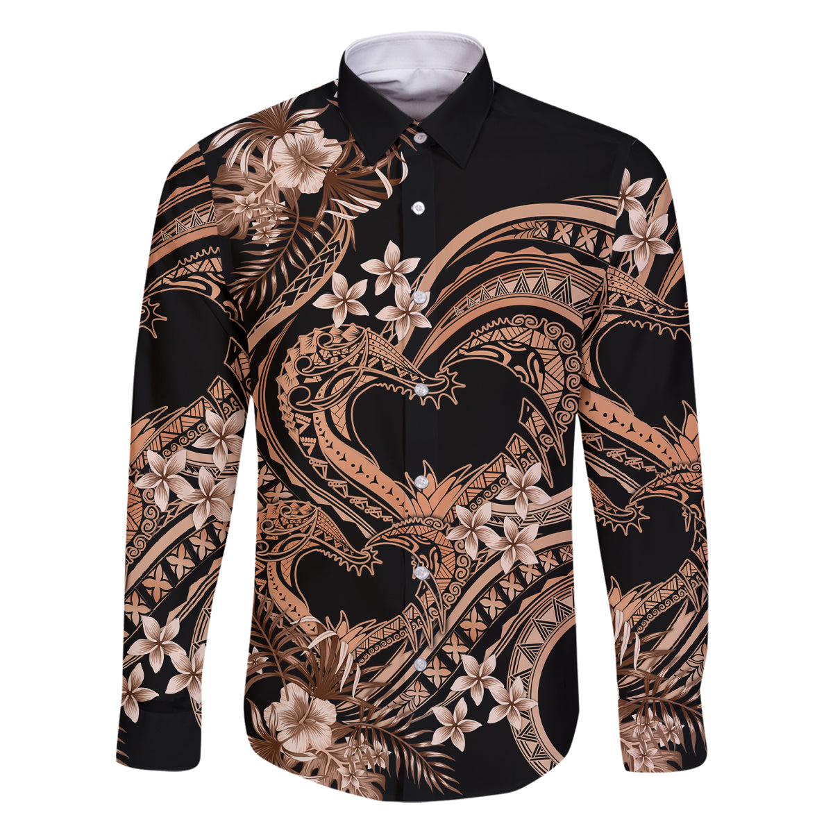 Polynesia Valentines Day Forever In My Heart Tattoo Family Matching Tank Maxi Dress and Hawaiian Shirt Gold Style LT9 Dad's Shirt - Long Sleeve Gold - Polynesian Pride