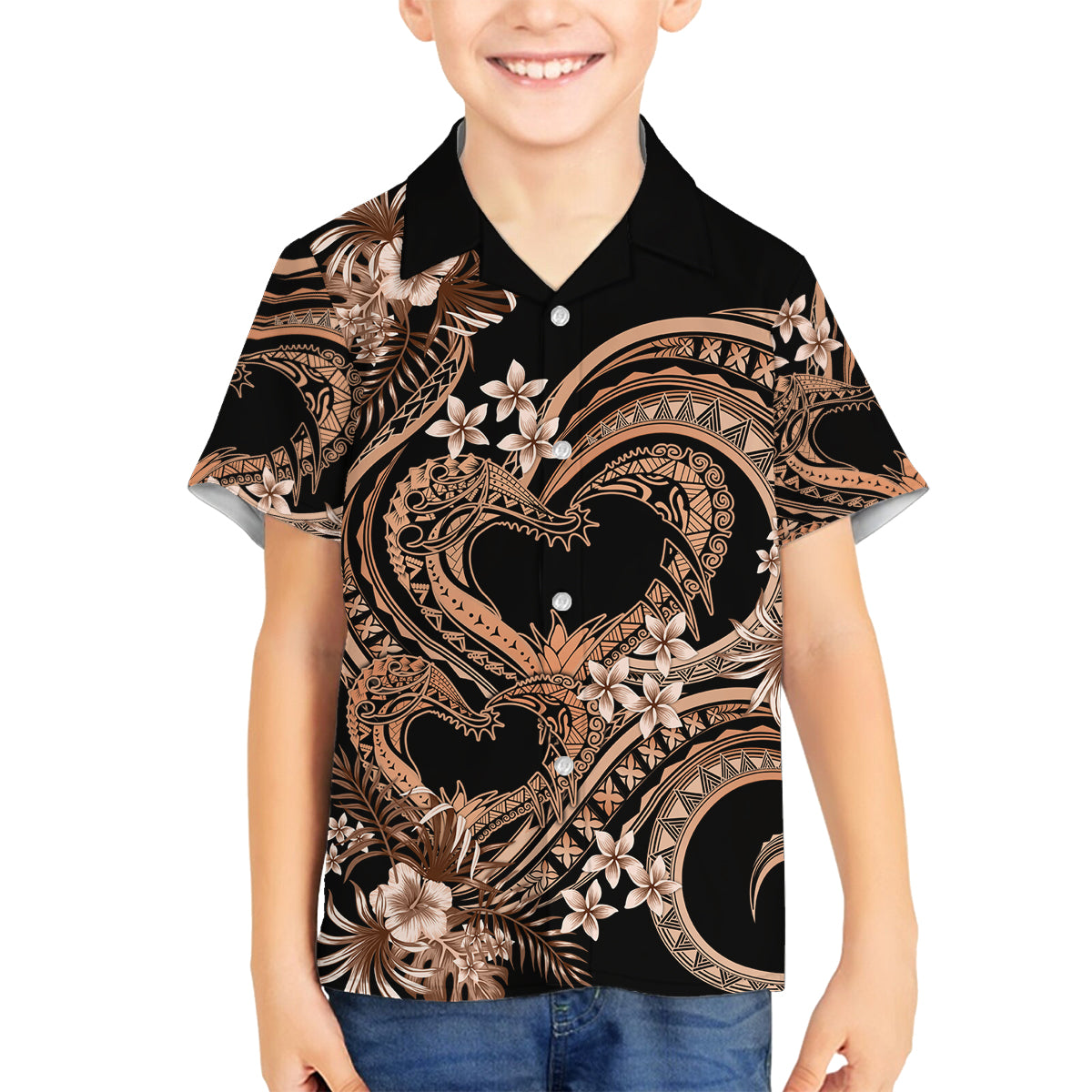 Polynesia Valentines Day Forever In My Heart Tattoo Family Matching Tank Maxi Dress and Hawaiian Shirt Gold Style LT9 Son's Shirt Gold - Polynesian Pride