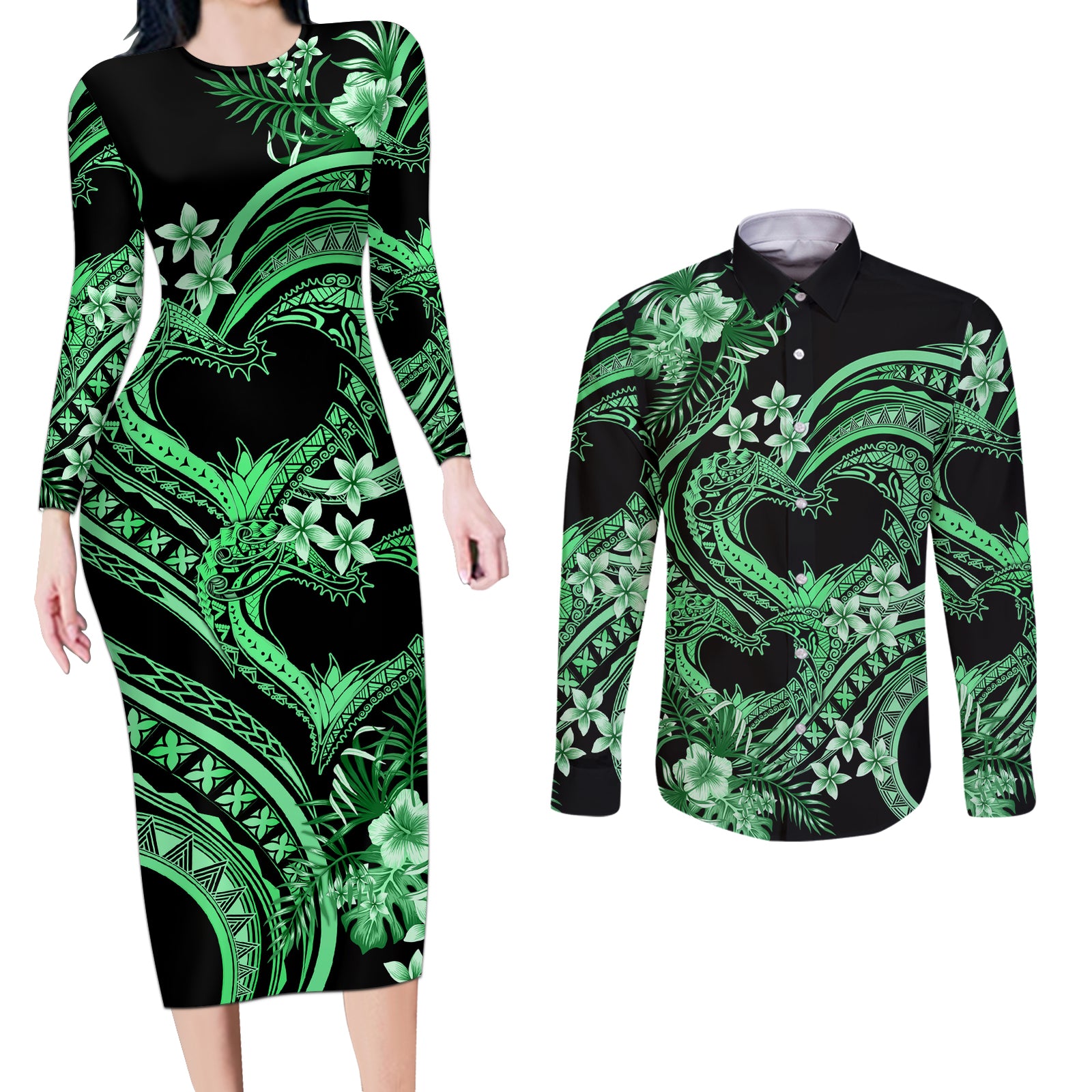Polynesia Valentines Day Forever In My Heart Tattoo Couples Matching Long Sleeve Bodycon Dress and Long Sleeve Button Shirt Green Style LT9 Green - Polynesian Pride