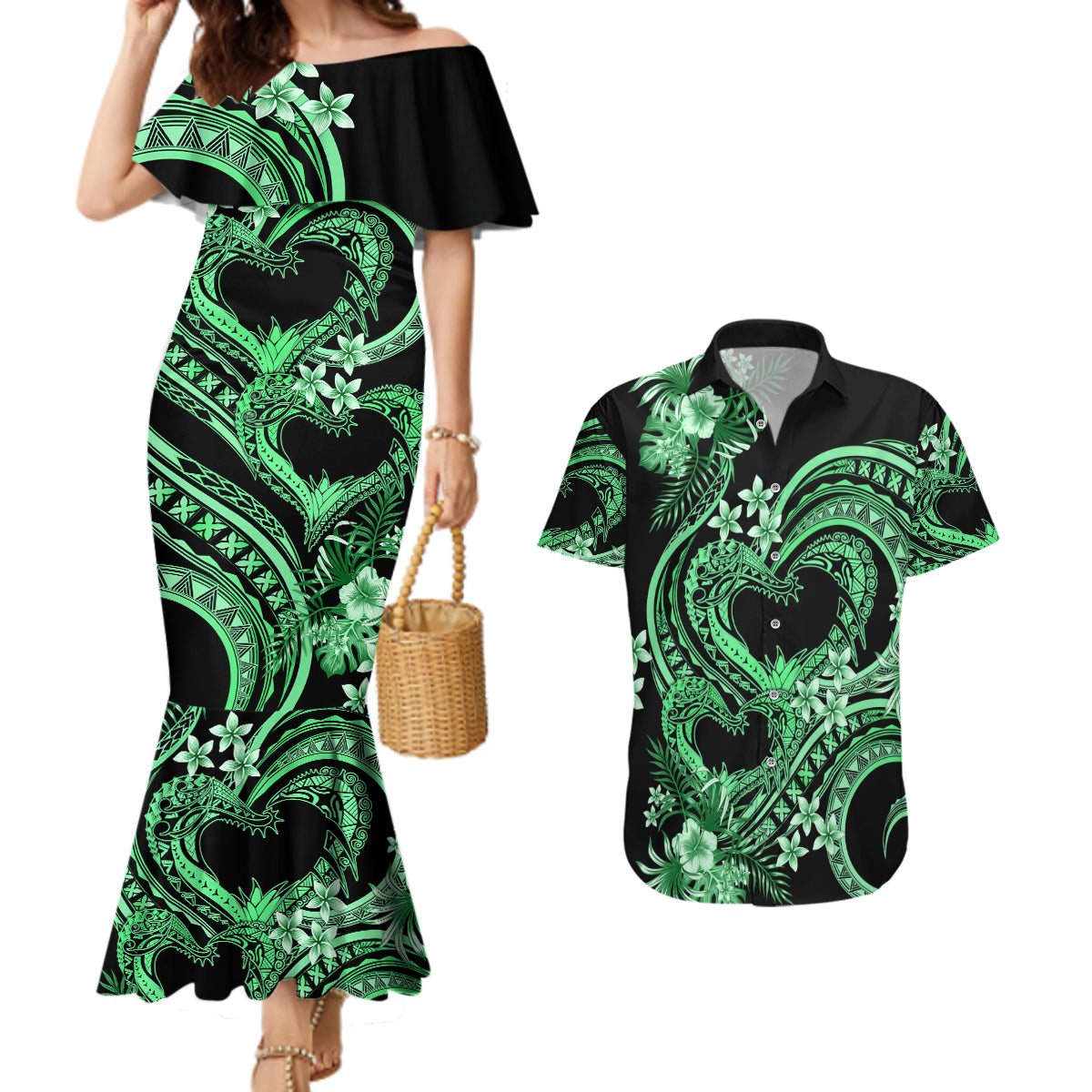 Polynesia Valentines Day Forever In My Heart Tattoo Couples Matching Mermaid Dress and Hawaiian Shirt Green Style LT9 Green - Polynesian Pride
