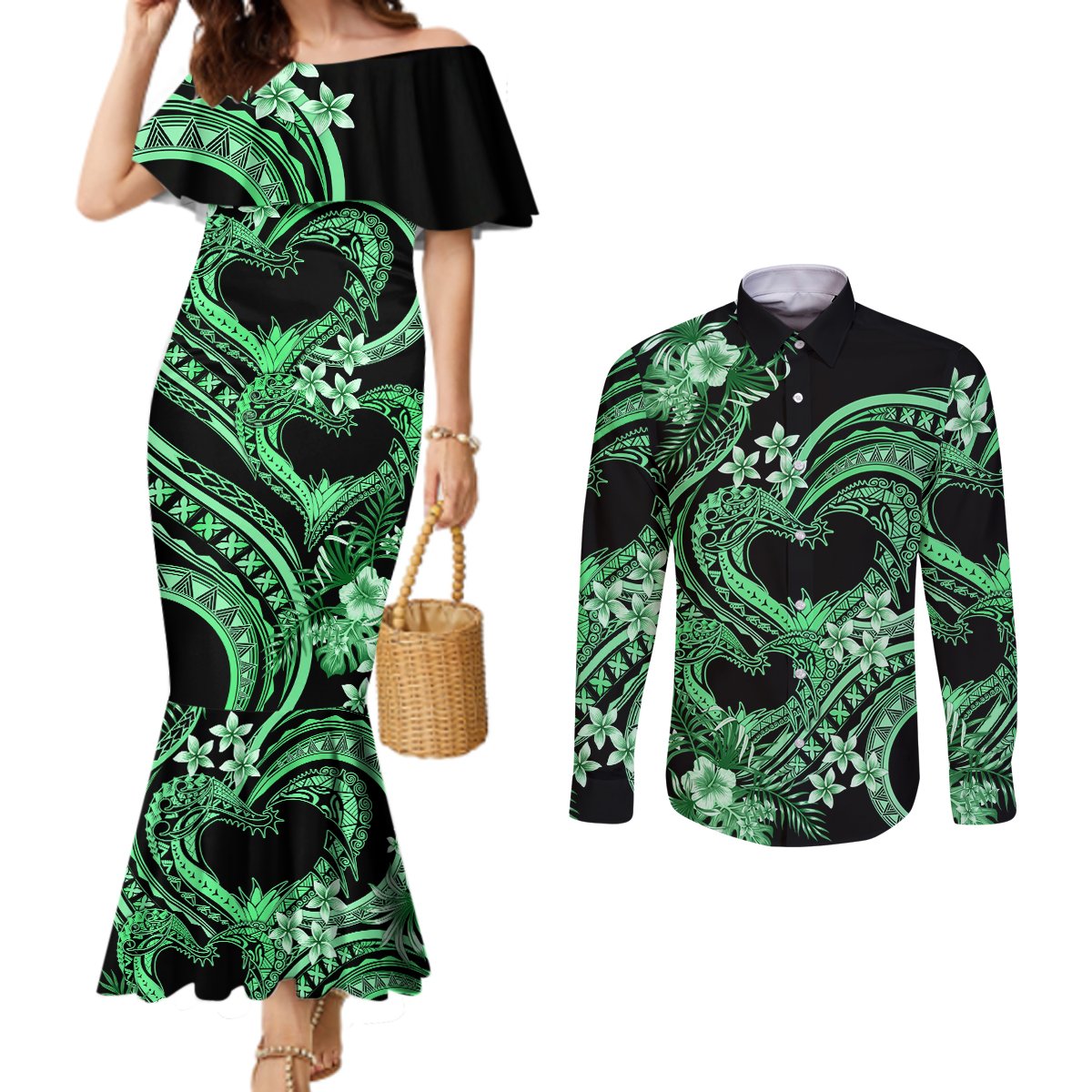 Polynesia Valentines Day Forever In My Heart Tattoo Couples Matching Mermaid Dress and Long Sleeve Button Shirt Green Style LT9 Green - Polynesian Pride