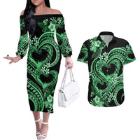 Polynesia Valentines Day Forever In My Heart Tattoo Couples Matching Off The Shoulder Long Sleeve Dress and Hawaiian Shirt Green Style LT9 Green - Polynesian Pride