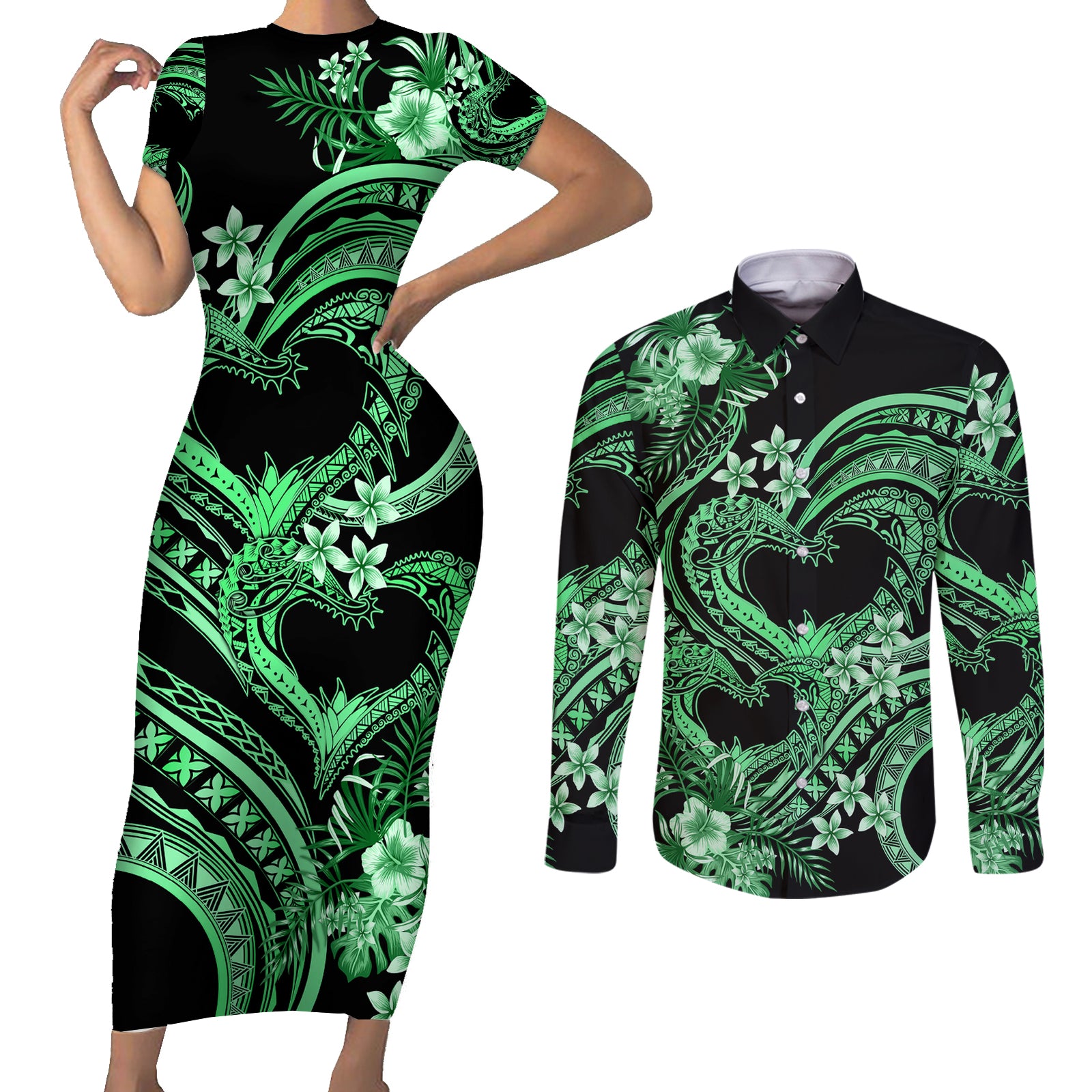 Polynesia Valentines Day Forever In My Heart Tattoo Couples Matching Short Sleeve Bodycon Dress and Long Sleeve Button Shirt Green Style LT9 Green - Polynesian Pride