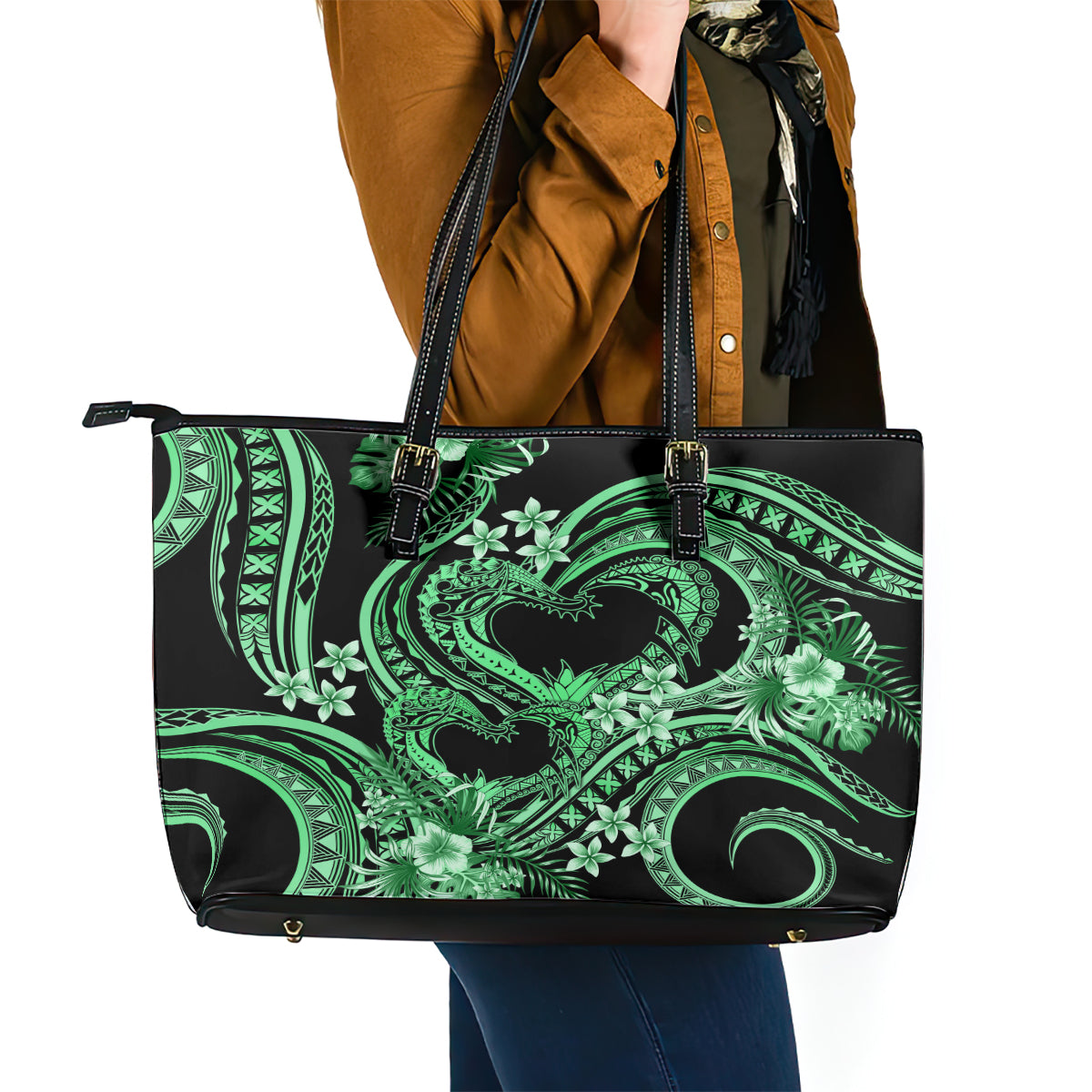 Polynesia Valentines Day Forever In My Heart Tattoo Leather Tote Bag Green Style LT9 - Polynesian Pride